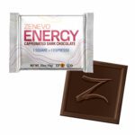 ZenEvo Energy is 10g of Dark chocolate infused with 75mg of Caffeine plus adaptogens Maca, Ashwagandha, and Ginseng.