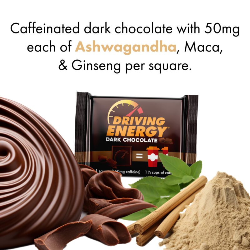 Caffeinated Dark Chocolate squares with Ashwaganda, Ginseng, and Maca for a natural boost of sustained energy.
