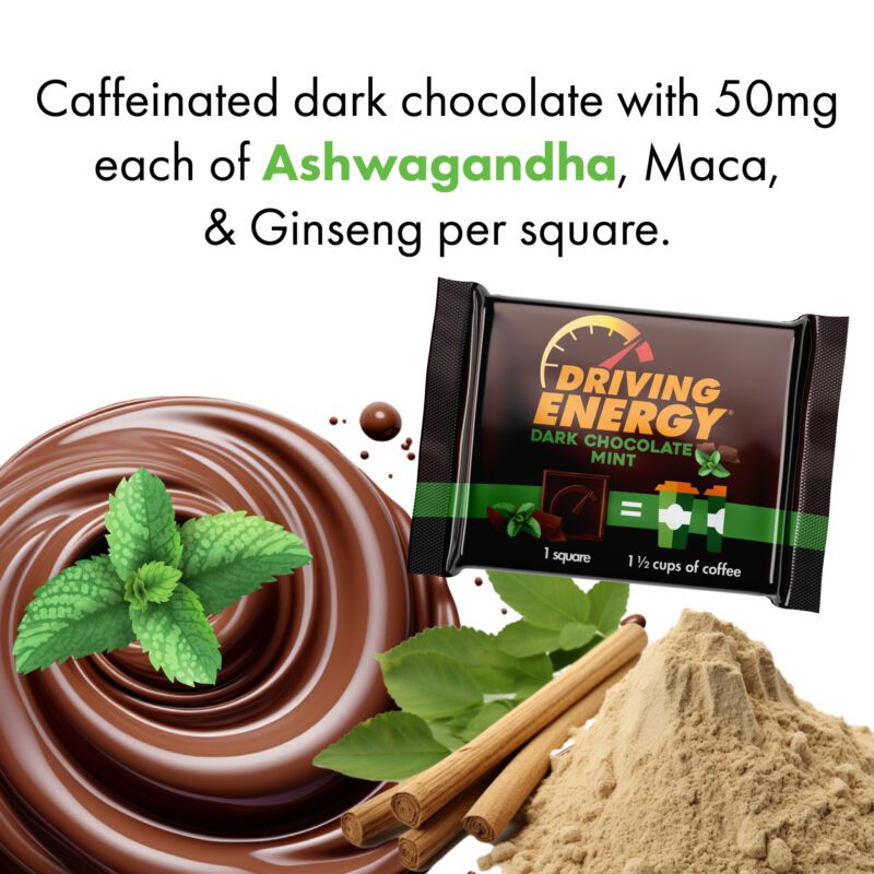 Caffeinated Dark Chocolate squares with Ashwaganda, Ginseng, and Maca for a natural boost of sustained energy.