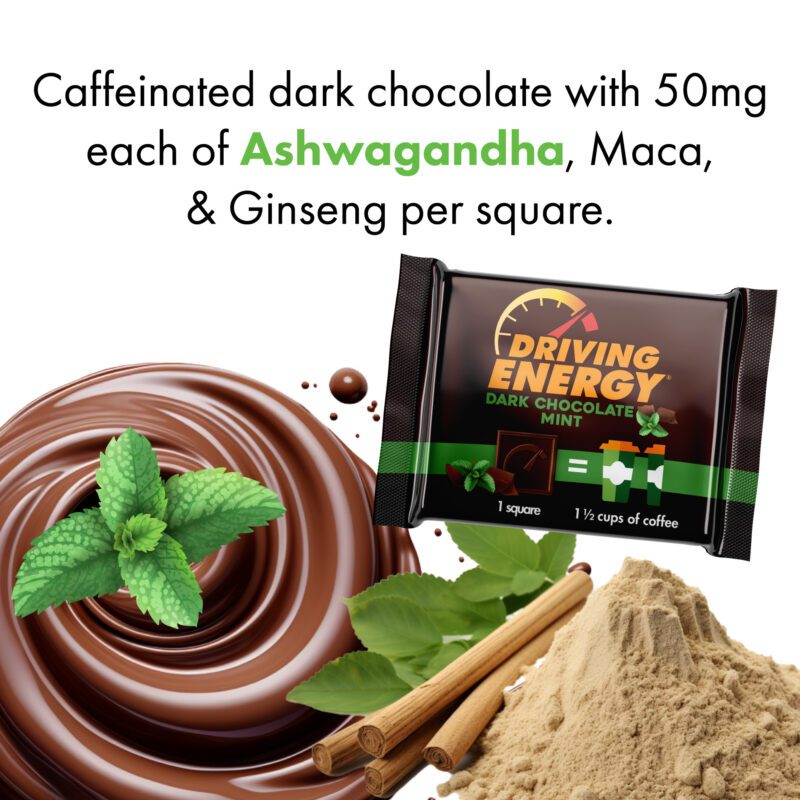 Caffeinated Dark Chocolate squares with Ashwaganda, Ginseng, and Maca for a natural boost of sustained energy.