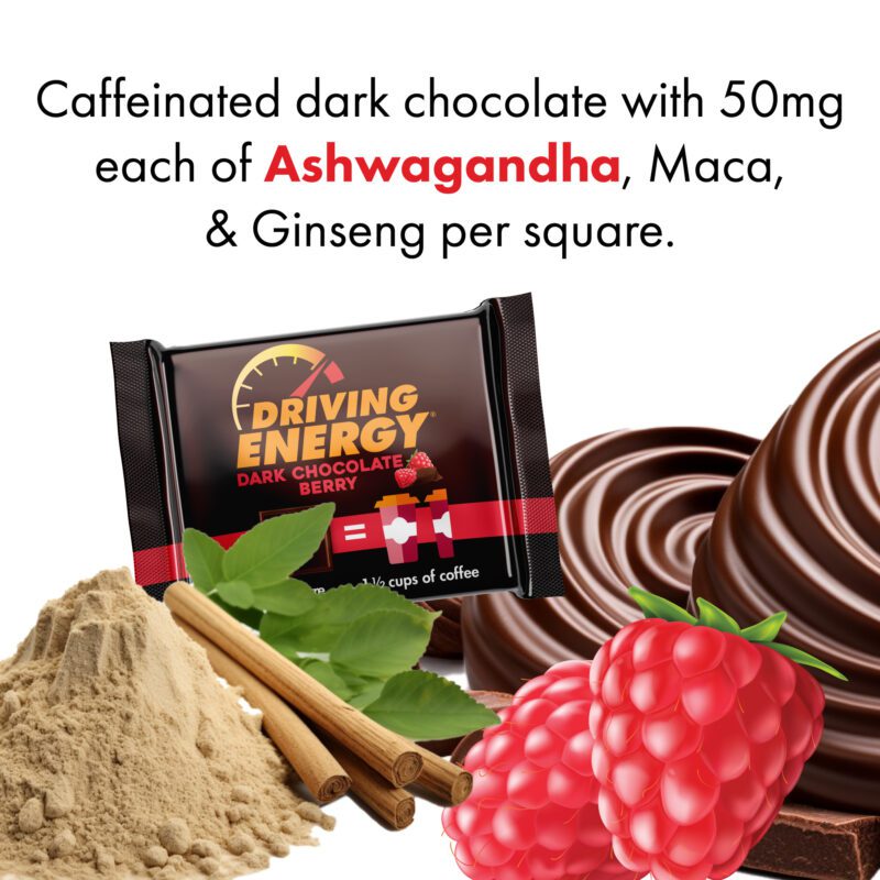 Caffeinated Dark Chocolate squares with Ashwaganda, Ginseng, and Maca for a natural boost of sustained energy.