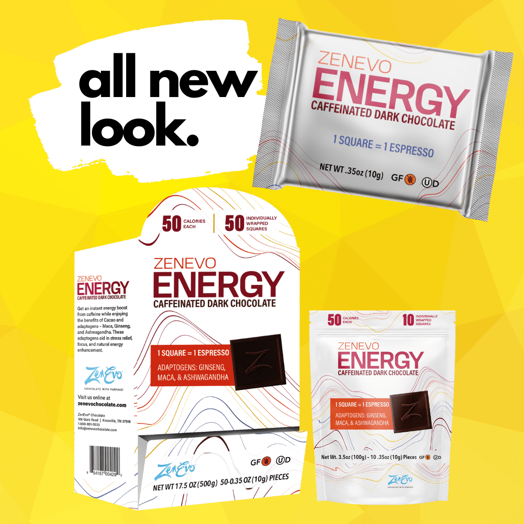 ZenEvo Energy Caffeinated Dark Chocolate, all new packaging